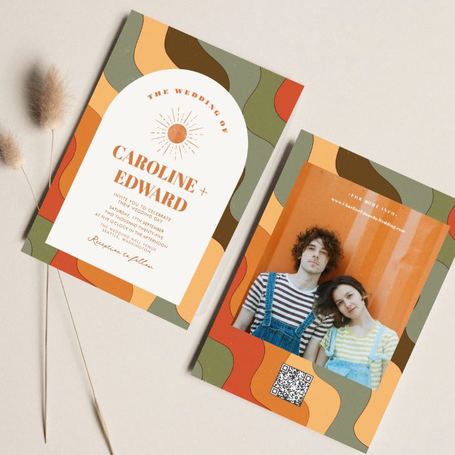 Invitación Retro Groovy Colorido Wavy Boho Boda Qr Code (Subido por el creador)