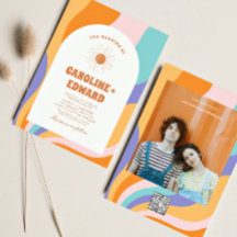 Retro Groovy Colorido Wavy Boho Boda Qr Code