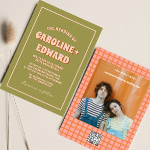 Invitación Retro Groovy Colorido Wavy Boho Boda Qr Code