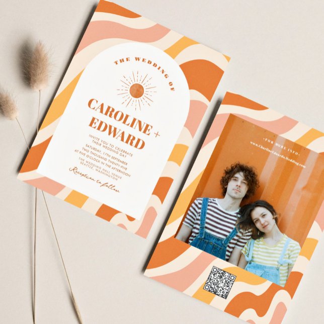 Invitación Retro Groovy Colorido Wavy Boho Boda Qr Code (Subido por el creador)