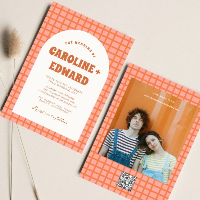 Invitación Retro Groovy Colorido Wavy Boho Boda Qr Code (Subido por el creador)