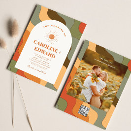 Invitación Retro Groovy Colorido Wavy Boho Boda Qr Code