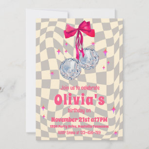 Invitación Retro Groovy Coquette Bow Disco Balls Cumpleaños