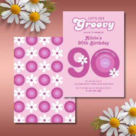 Invitación Retro Groovy Daisies Bold Pink 90 cumpleaños