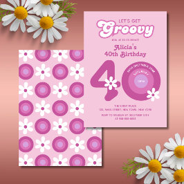 Invitación Retro Groovy Daisies Negrita Rosa 40 cumpleaños