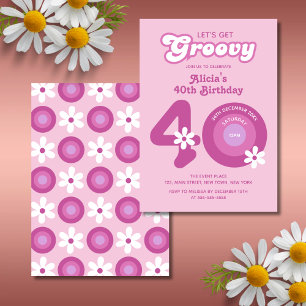 Invitación Retro Groovy Daisies Negrita Rosa 40 cumpleaños