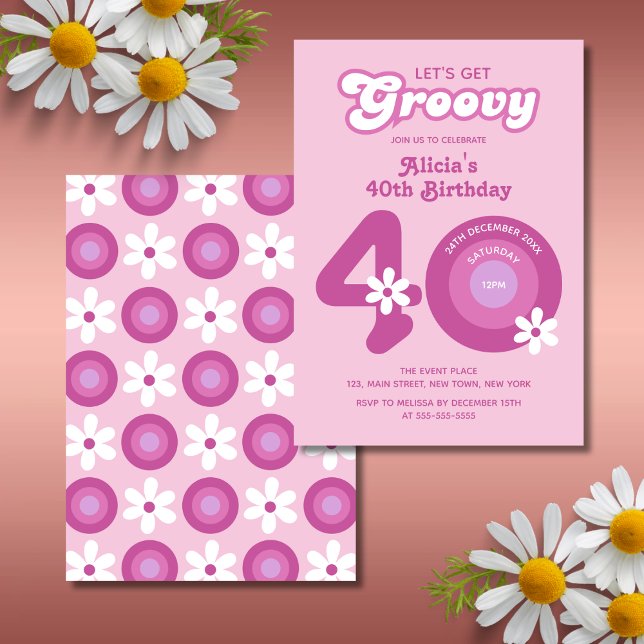 Invitación Retro Groovy Daisies Negrita Rosa 40 cumpleaños (Subido por el creador)