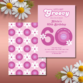 Invitación Retro Groovy Daisies Negrita Rosa 60 cumpleaños