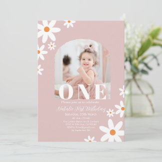Invitación Retro Groovy Daisy Boho photo Girl 1st Birthday