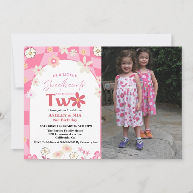 Invitación Retro Groovy Daisy Boho Segundo cumpleaños (Anverso)
