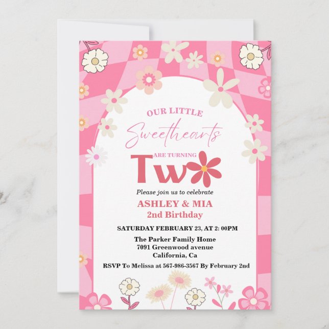 Invitación Retro Groovy Daisy Boho Segundo cumpleaños (Anverso)
