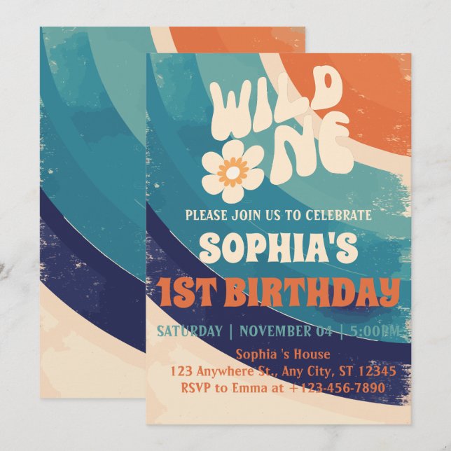 Invitación Retro Groovy Daisy Wild One Cumpleaños niña 1  (Anverso / Reverso)