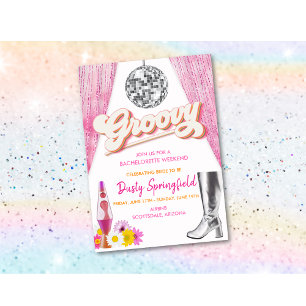 Invitación Retro Groovy Disco Bachelorette Fin de Semana Itin