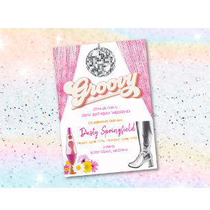 Invitación Retro Groovy Disco Cumpleaños Fin de Semana Itiner