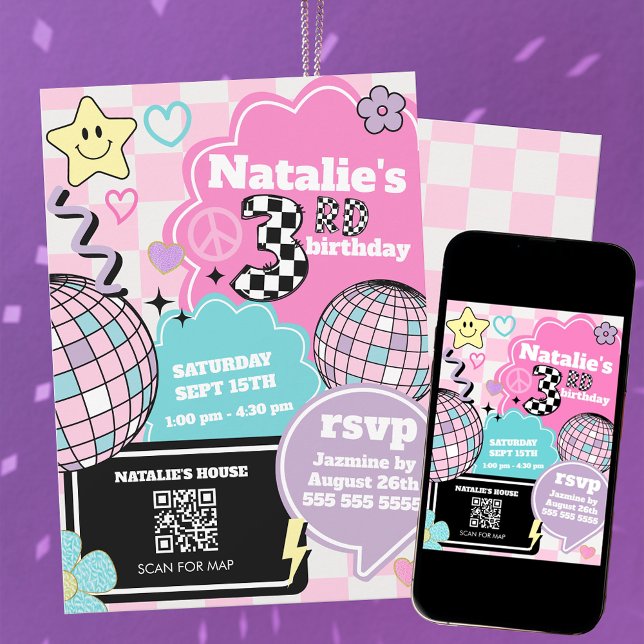 Invitación Retro Groovy Disco de tercer cumpleaños Fiesta (Subido por el creador)