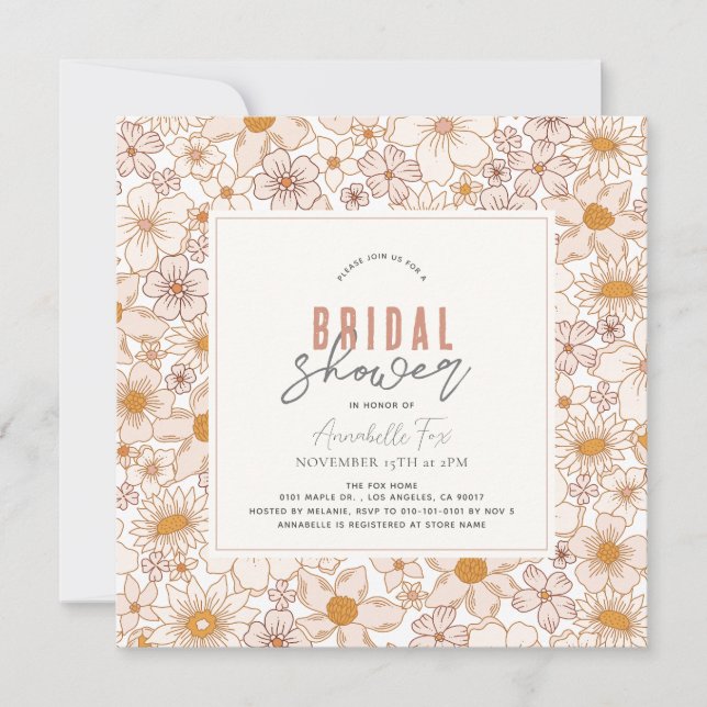 Invitación Retro Groovy ducha de novias con flores rosadas (Anverso)