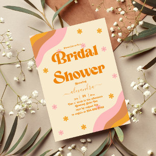 Invitación Retro Groovy ducha de novias rosa y oleada de oro