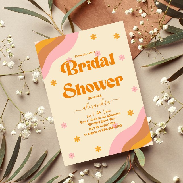 Invitación Retro Groovy ducha de novias rosa y oleada de oro (Subido por el creador)