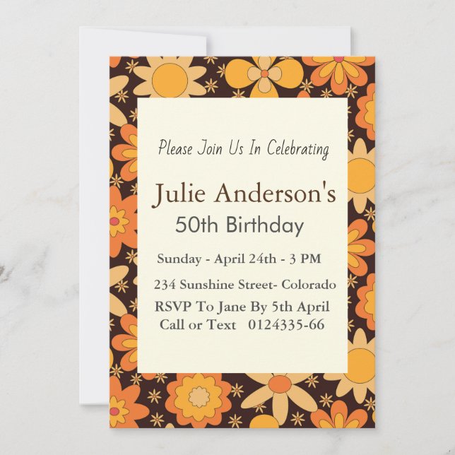 Invitación Retro Groovy Floral Amarillo Naranja Cumpleaños 50 (Anverso)