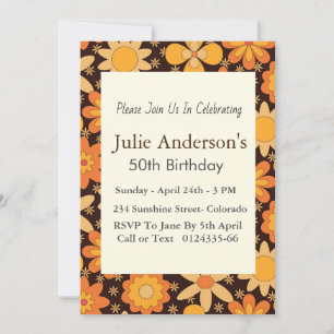 Invitación Retro Groovy Floral Amarillo Naranja Cumpleaños 50