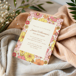 Invitación Retro Groovy Floral Rosa Amarillo Cumpleaños 30