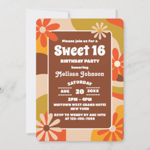 Invitación Retro Groovy Funky Colorful Hippie Flower Sweet 16