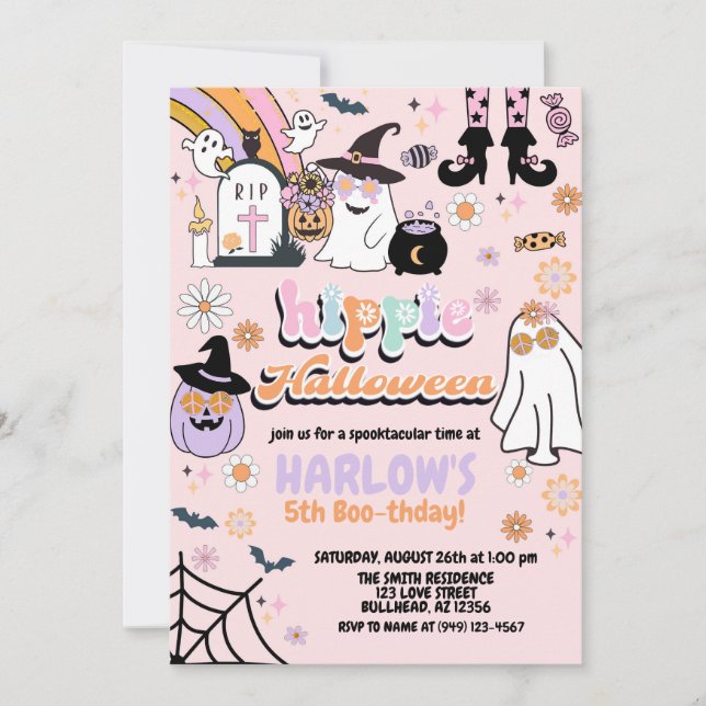 Invitación Retro Groovy Ghost Hippie Halloween cumpleaños (Anverso)