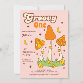 Invitación Retro Groovy Magic Hippie Mushroom 1er cumpleaños