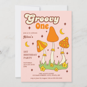 Invitación Retro Groovy Magic Hippie Mushroom 1er cumpleaños