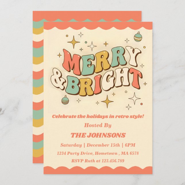 Invitación Retro Groovy Merry & Bright Christmas Party (Anverso / Reverso)