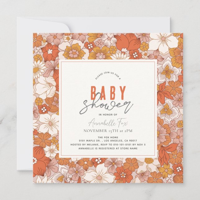 Invitación Retro Groovy Naranja Chica floral Baby Shower (Anverso)