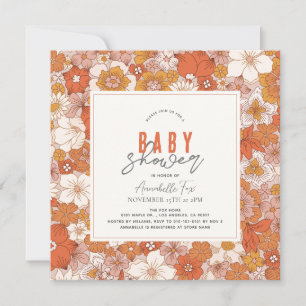 Invitación Retro Groovy Naranja Chica floral Baby Shower