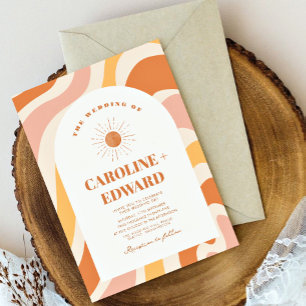 Invitación Retro Groovy Naranja Wavy Boho Boda Qr Code