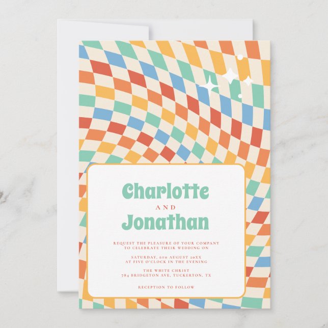 Invitación Retro Groovy Nostalgia Boda brillante (Anverso)