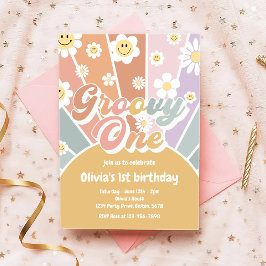 Invitación Retro Groovy One Sunshine Daisy Boho 1er cumpleaño