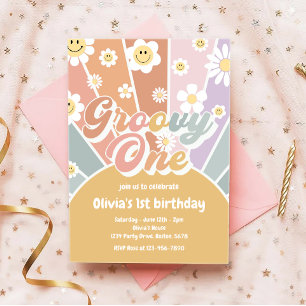 Invitación Retro Groovy One Sunshine Daisy Boho 1er cumpleaño