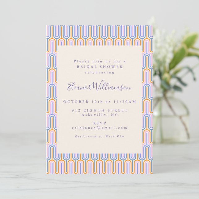 Invitación Retro Groovy Pastel Lines Periwinkle Bridal Shower (Anverso de pie)