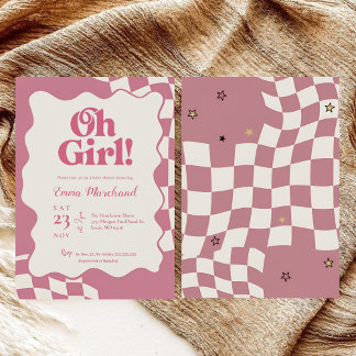 Invitación Retro Groovy Pink Checkered Oh Girl Baby Shower