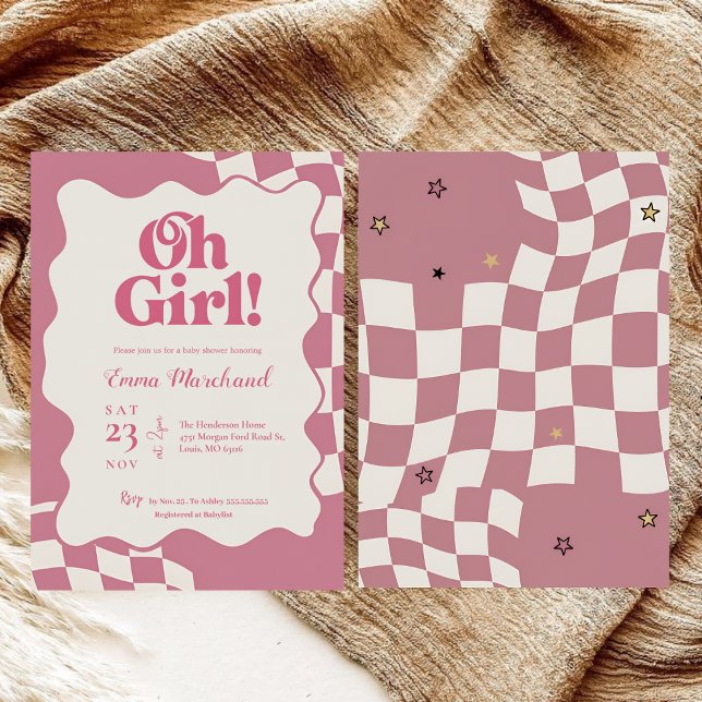 Invitación Retro Groovy Pink Checkered Oh Girl Baby Shower (Subido por el creador)