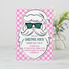 Invitación Retro Groovy Pink Checkered Santa Claus Christmas