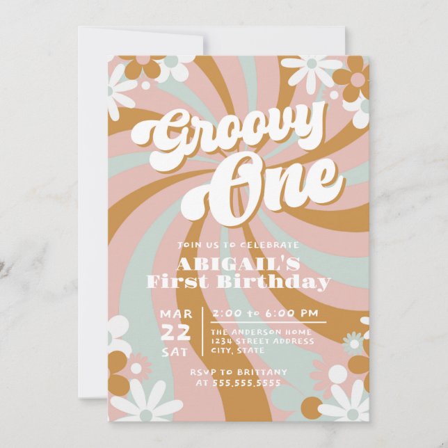 Invitación Retro Groovy Primer Cumpleaños (Anverso)