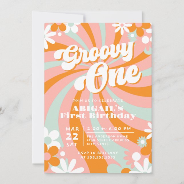 Invitación Retro Groovy Primer Cumpleaños (Anverso)