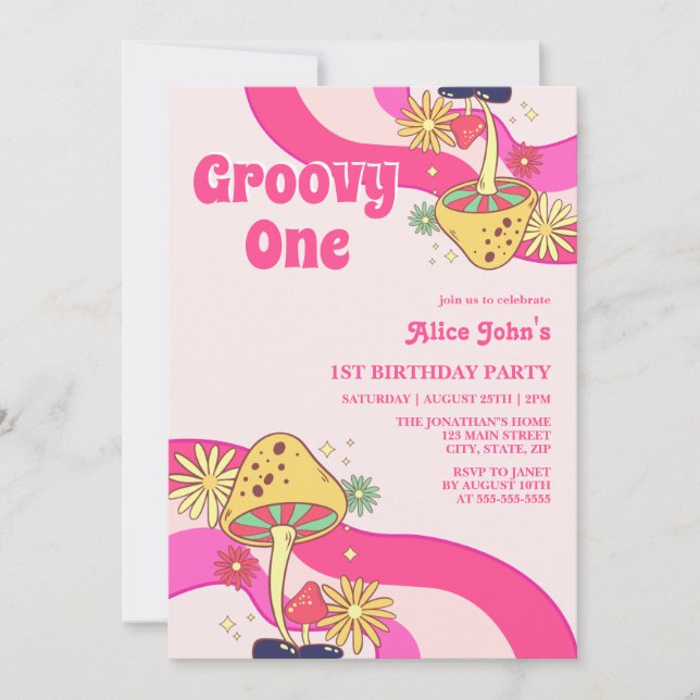 Invitación Retro Groovy Psychedelle hongo rosa cumpleaños (Anverso)
