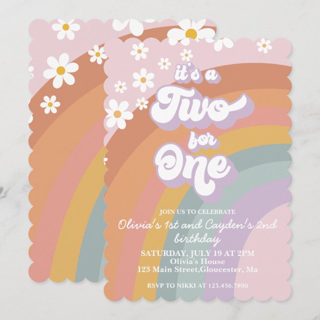 Invitación Retro Groovy Rainbow Dos por Uno (Anverso / Reverso)