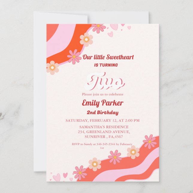 Invitación Retro Groovy San Valentín Segundo cumpleaños (Anverso)