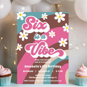 Invitación Retro Groovy SIX es un chica verde azulado Vibe ro