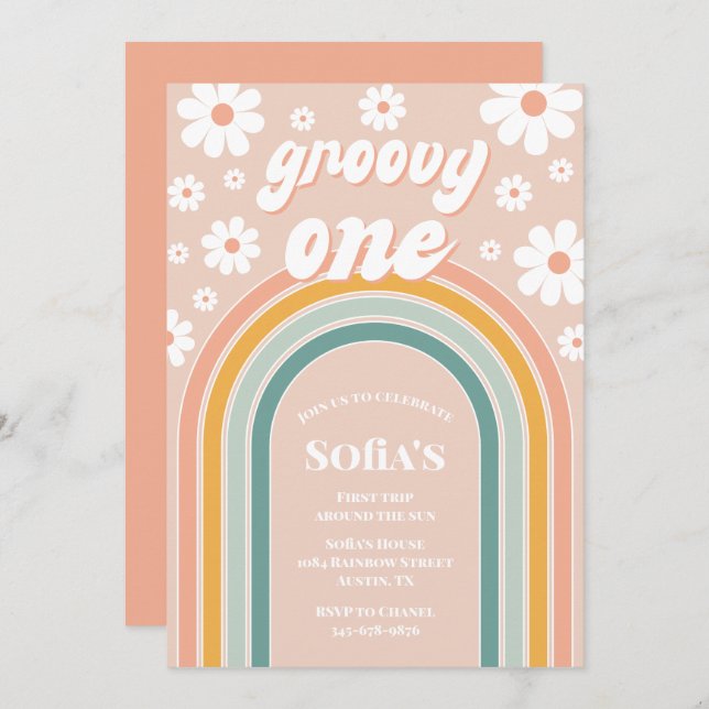 Invitación Retro Groovy Un Boho Primer Cumpleaños (Anverso / Reverso)