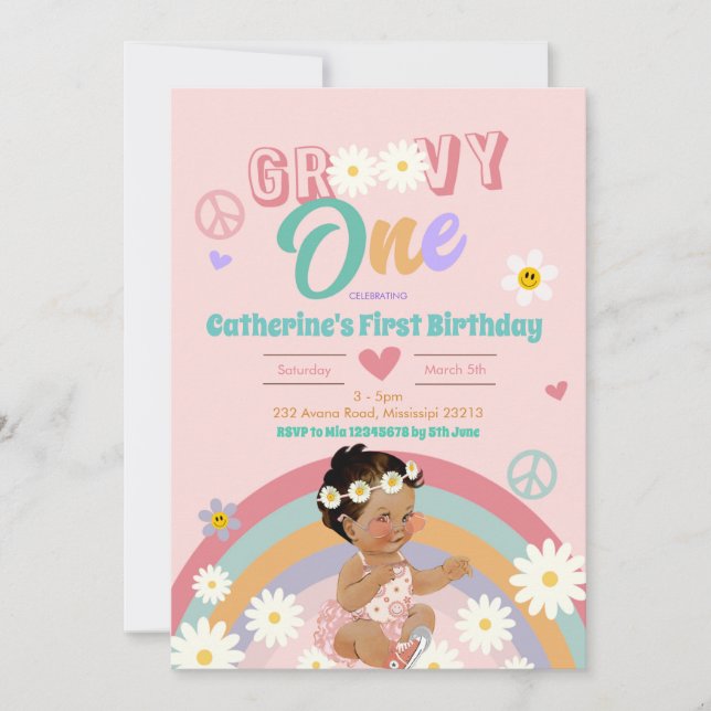 Invitación Retro Groovy Un Cabello Oscuro Primer Cumpleaños I (Anverso)