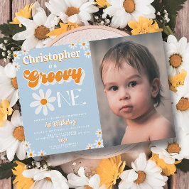 Invitación Retro Groovy Un niño foto de primer cumpleaños