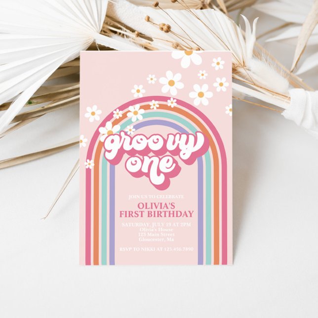 Invitación Retro Groovy Uno Arcoíris Rosa (Subido por el creador)